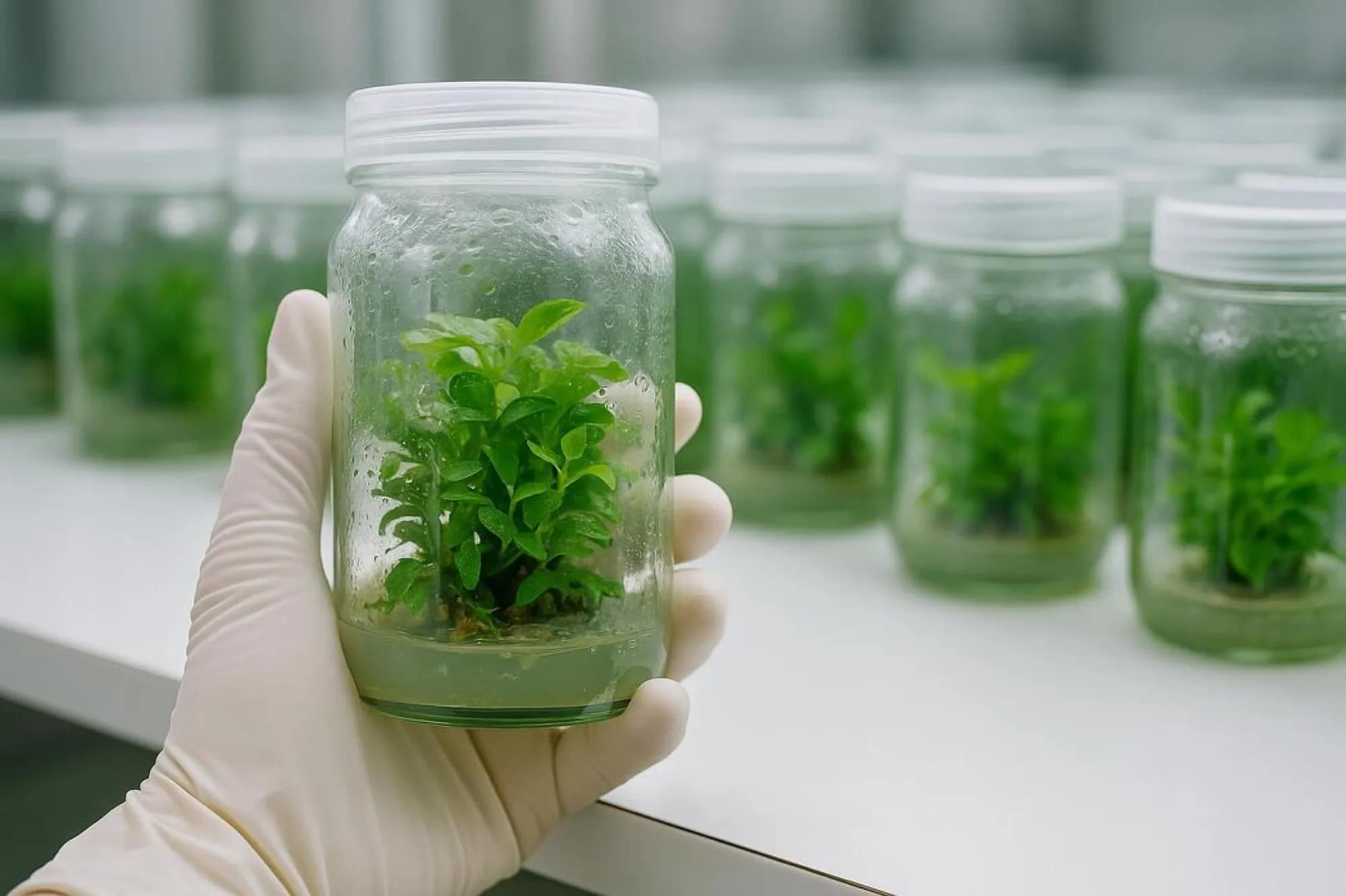 Close-up of a gloved hand holding a tissue culture jar with healthy plantlets
