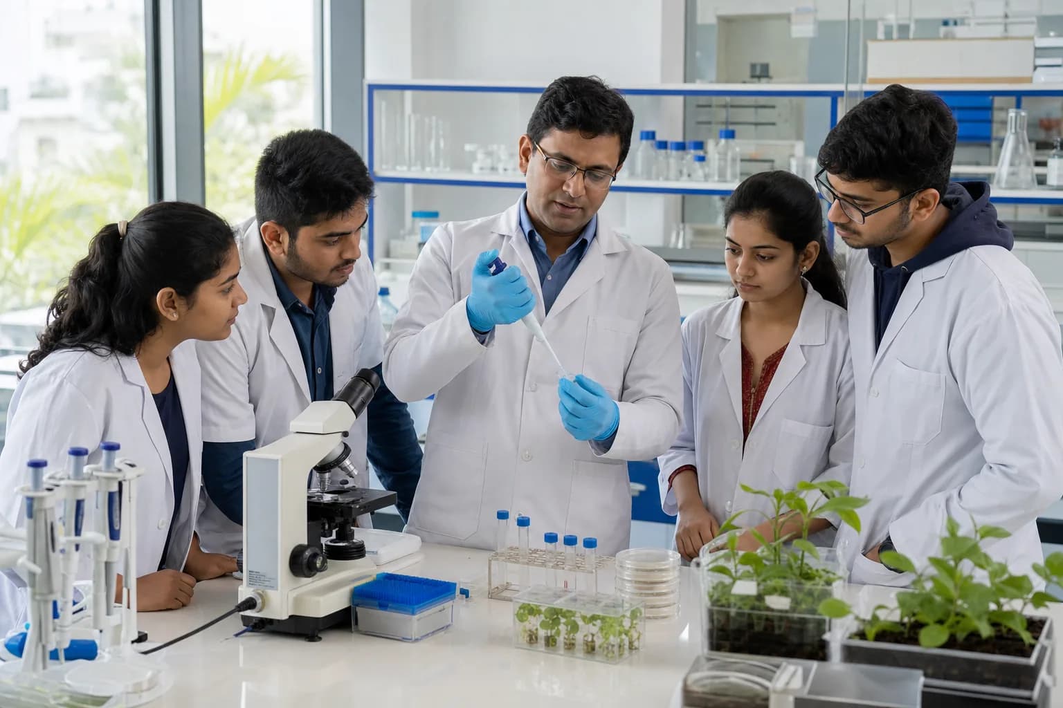Biotechnology learners receiving laboratory guidance in an Indian training environment
