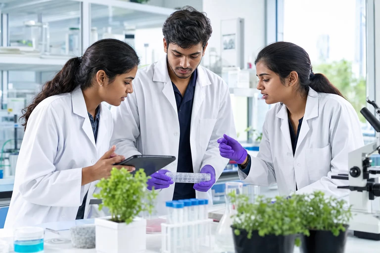 Indian research student and mentor reviewing scientific notes in a laboratory-study environment
